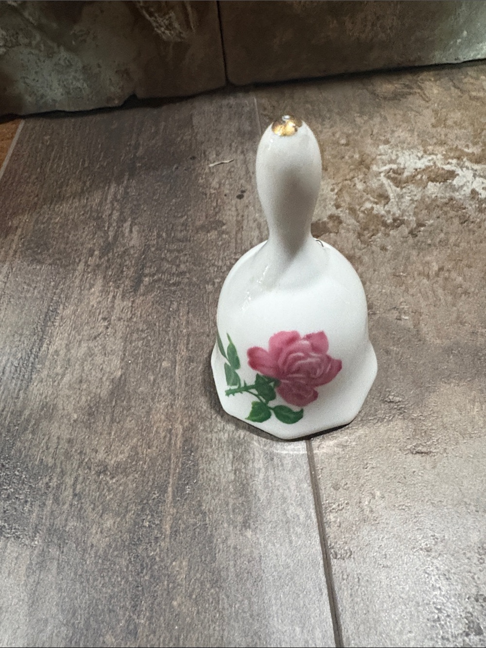 Vintage White Porcelain Wall Bell with Pink Rose and Gold Accent